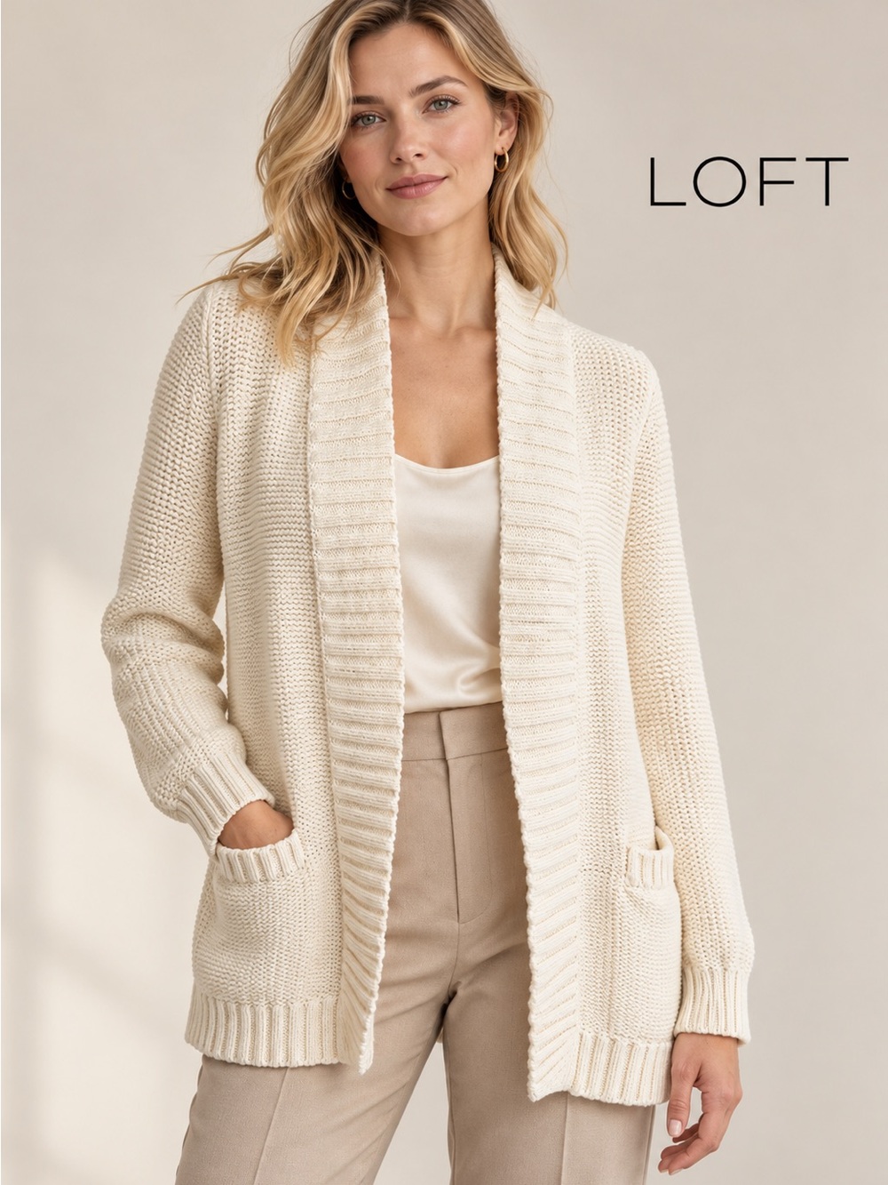 🌸LOFT Knit Chunky Cream Open-Front Shawl Collar Cardigan size M Quiet Luxury
